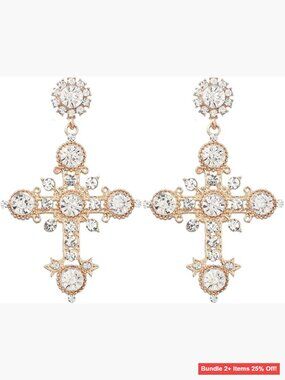 Gold Cross Dangle Earrings with Rhinestones and Pearl Drop Hypoallergenic
